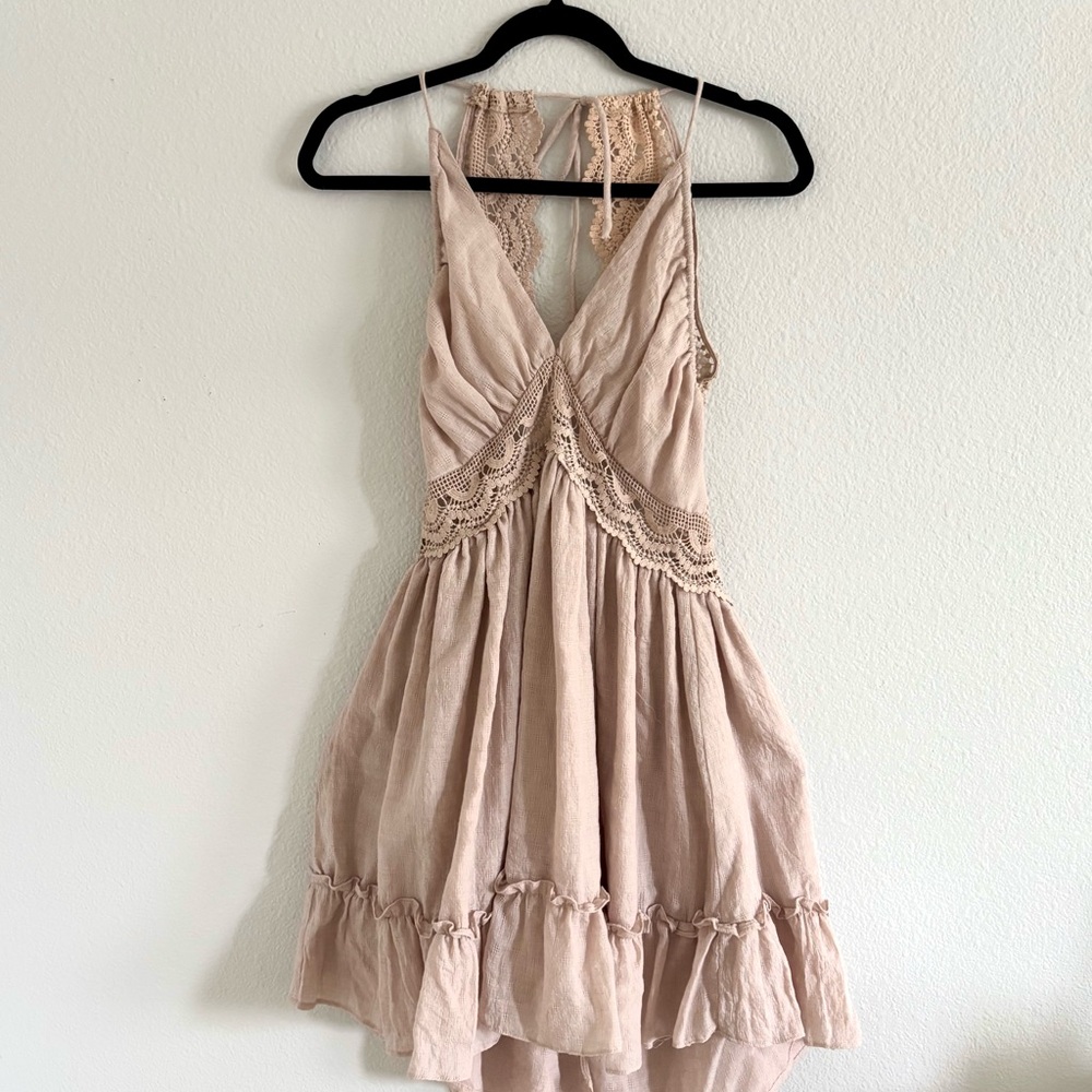 Beige Backless Dress with Lace Detail